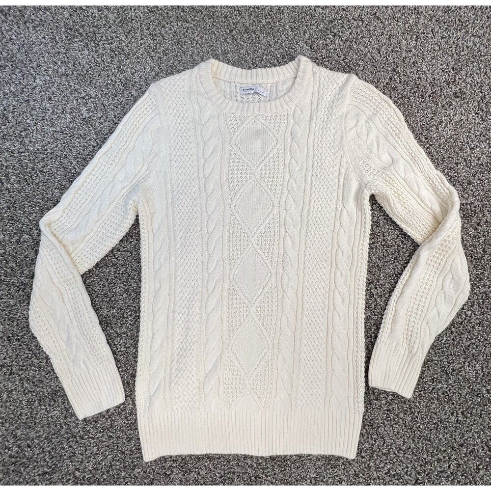 SONOMA CABLE KNIT SWEATER IVORY SIZE SMALL CREW NECK COTTON BLEND FISHERMAN COZY